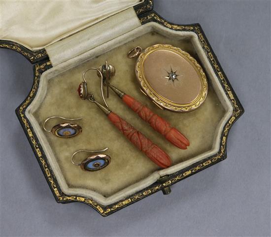 Two pair of antiques earrings including coral and enamel and a gem set locket.